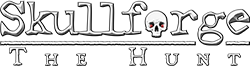 A logo for Skullforge with a skull with glowing red die eyes. The logo is white and black and resembles bones.
