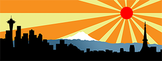A view of Seattle skyline merging into the Tokyo skyline with half Mt. Rainier and half Mt. Fuji in background. Hinomaru as the sun with orange and yellow rays coming from it.